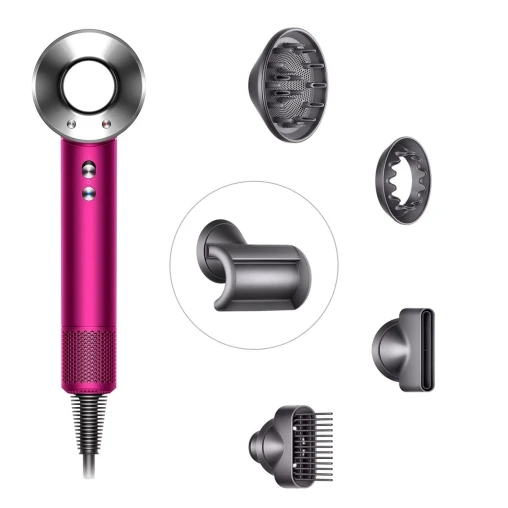 Фен Dyson Supersonic HD07 (фуксия/яркий никель) с 5 насадками, черным дорожным чехлом и подставкой
